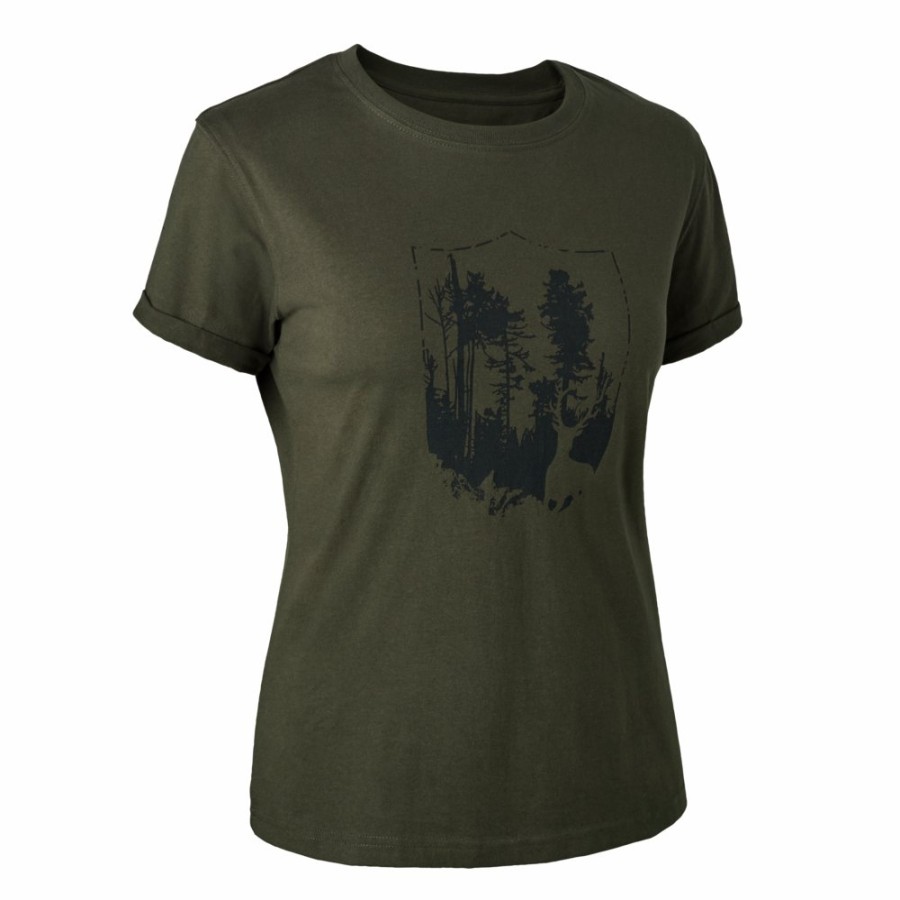 Damer Deerhunter | Lady T-Shirt Med Skjold Bark Green